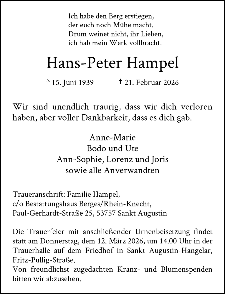  Traueranzeige für Hans-Peter Hampel vom 28.02.2026 aus General-Anzeiger Bonn