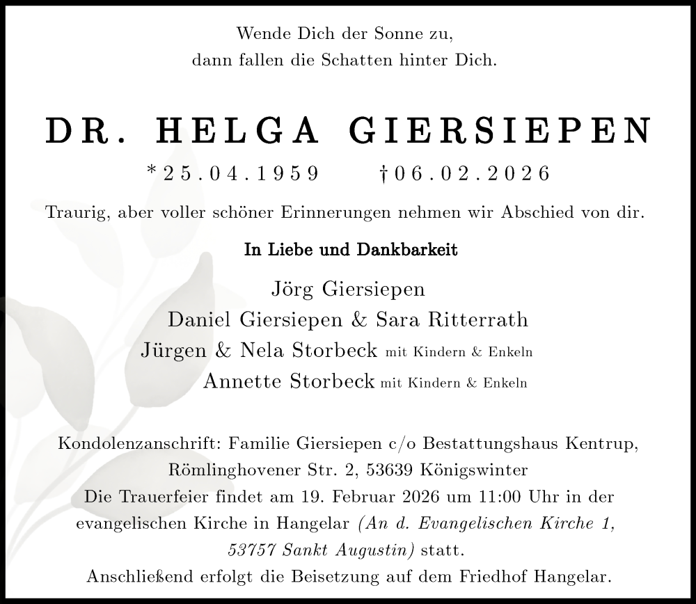  Traueranzeige für Helga Giersiepen vom 14.02.2026 aus General-Anzeiger Bonn