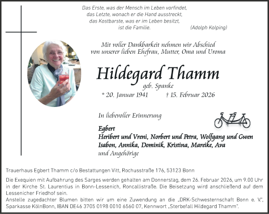 Anzeige von Hildegard Thamm von General-Anzeiger Bonn