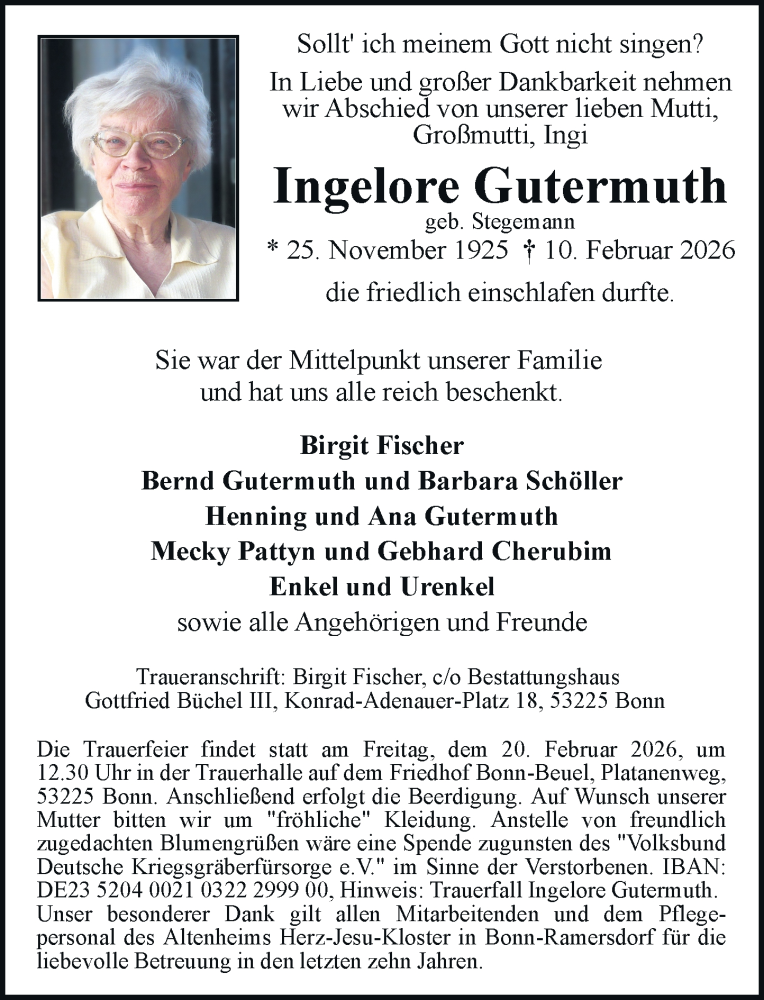  Traueranzeige für Ingelore Gutermuth vom 14.02.2026 aus General-Anzeiger Bonn