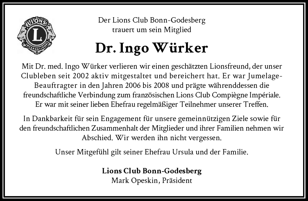  Traueranzeige für Ingo Würker vom 28.02.2026 aus General-Anzeiger Bonn