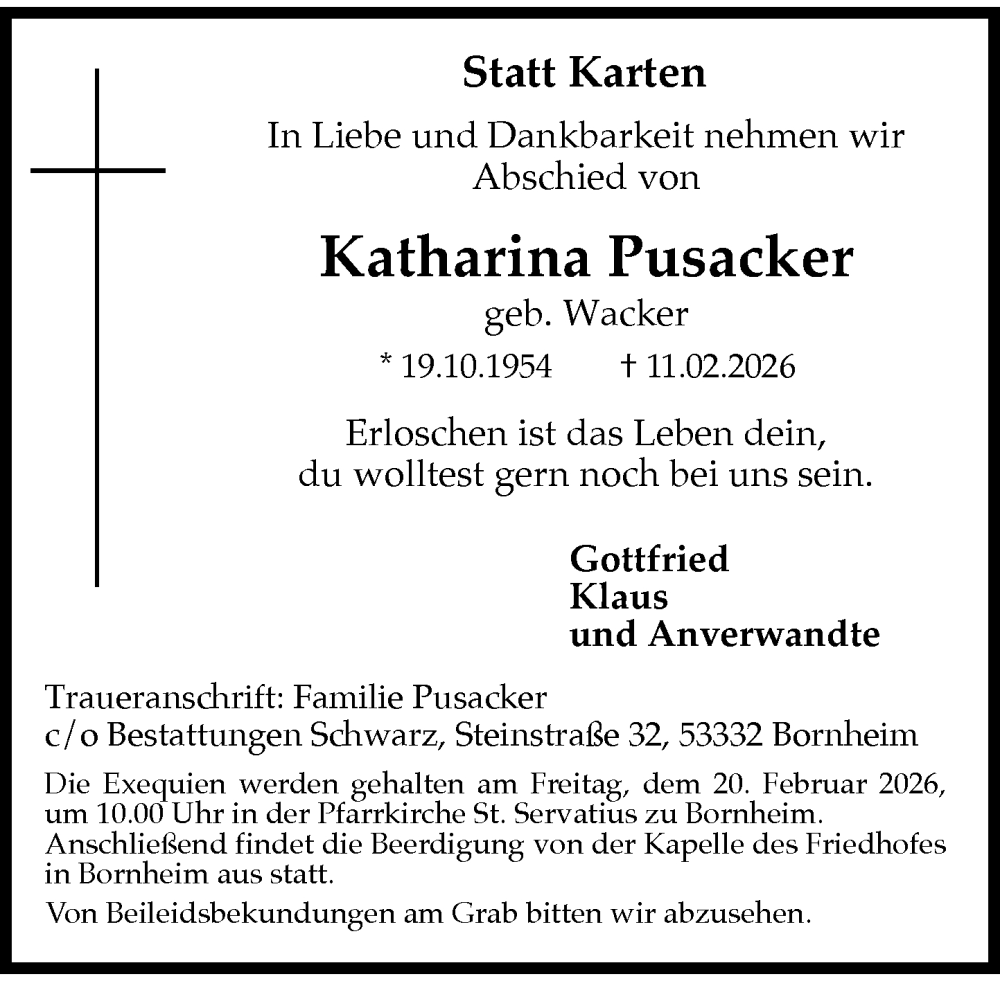  Traueranzeige für Katharina Pusacker vom 18.02.2026 aus General-Anzeiger Bonn