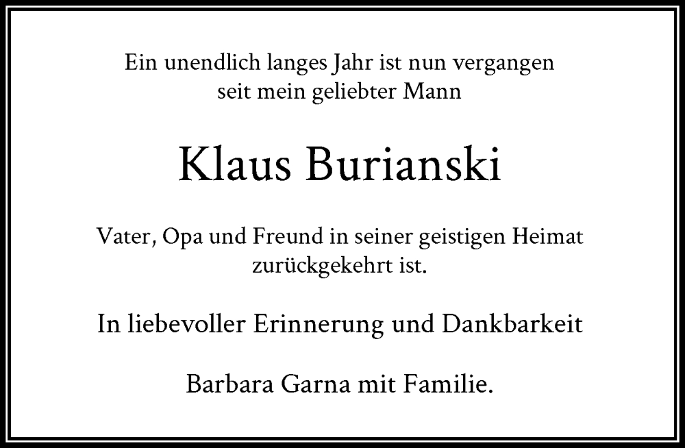  Traueranzeige für Klaus Burianski vom 14.02.2026 aus General-Anzeiger Bonn