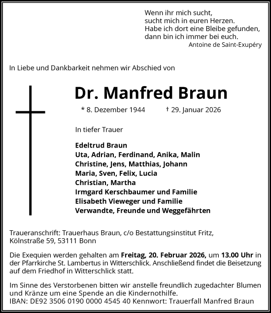 Anzeige von Manfred Braun von General-Anzeiger Bonn