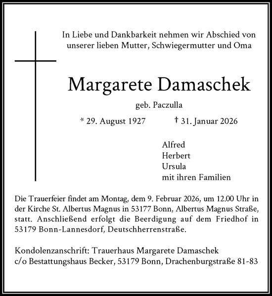 Anzeige von Margarete Damaschek von General-Anzeiger Bonn