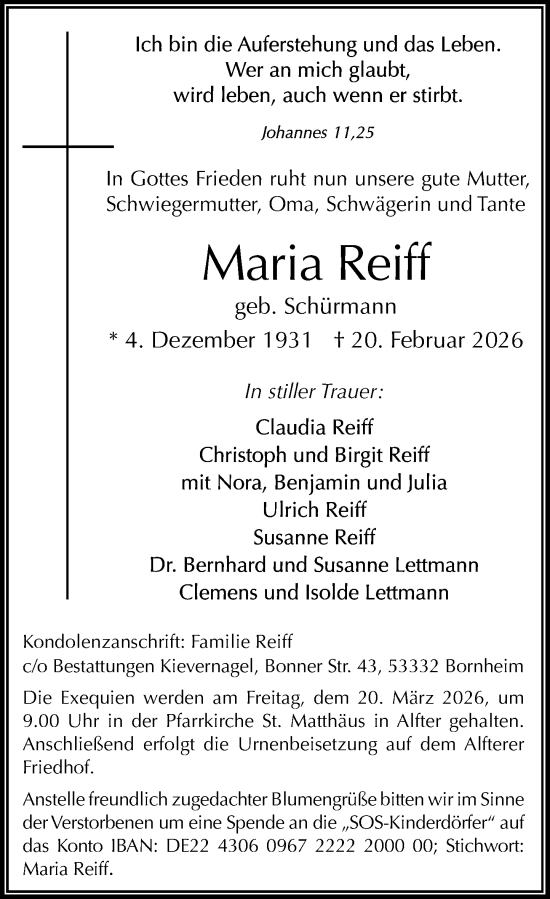 Anzeige von Maria Reiff von General-Anzeiger Bonn