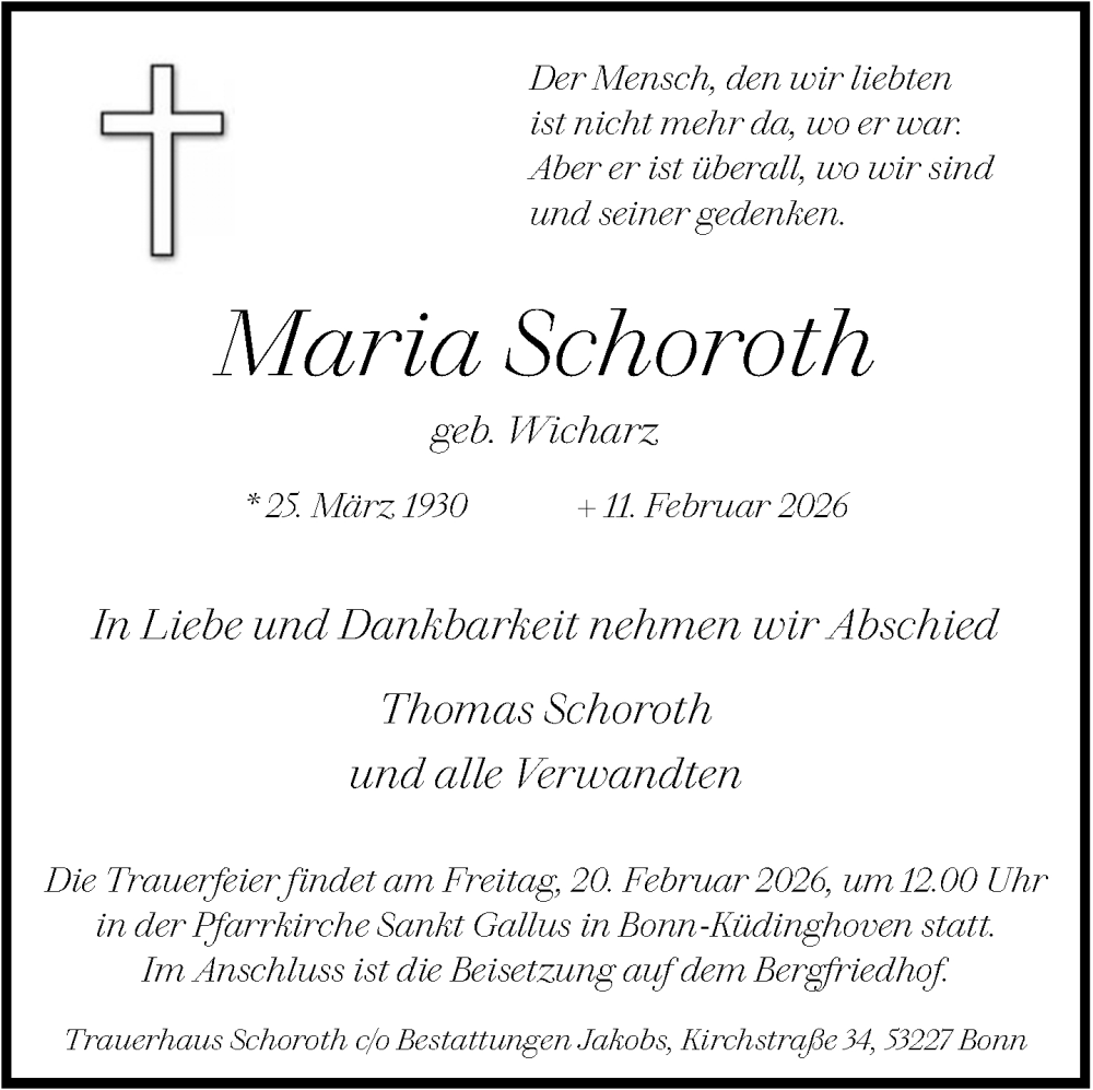  Traueranzeige für Maria Schoroth vom 14.02.2026 aus General-Anzeiger Bonn