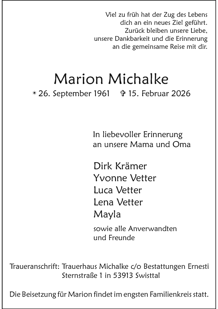  Traueranzeige für Marion Michalke vom 21.02.2026 aus General-Anzeiger Bonn