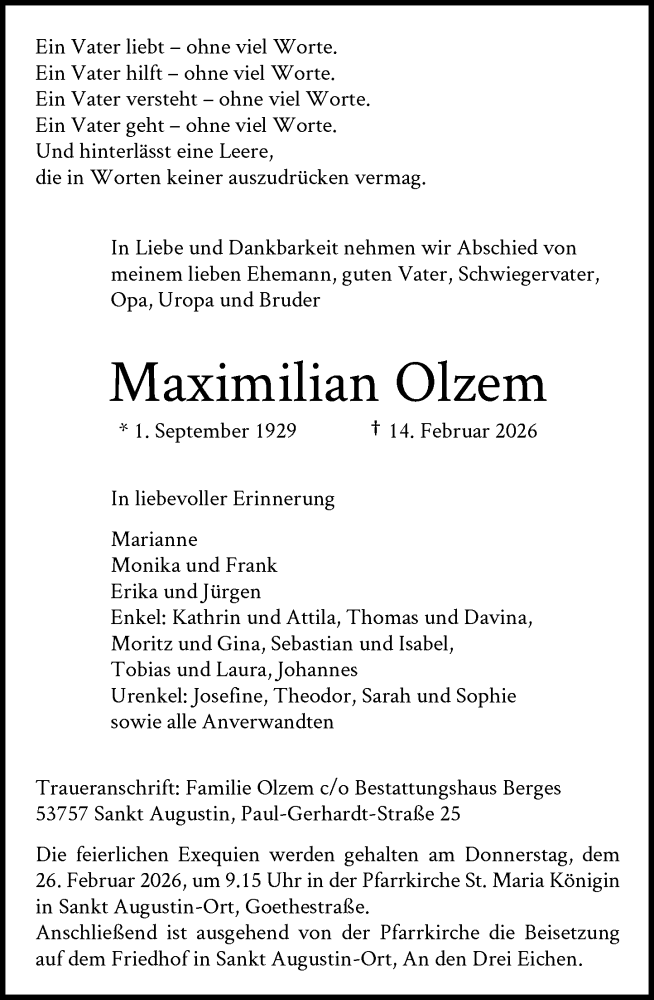  Traueranzeige für Maximilian Olzem vom 21.02.2026 aus General-Anzeiger Bonn