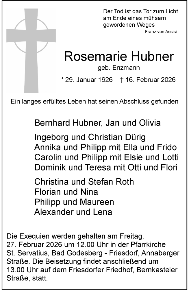  Traueranzeige für Rosemarie Hubner vom 21.02.2026 aus General-Anzeiger Bonn