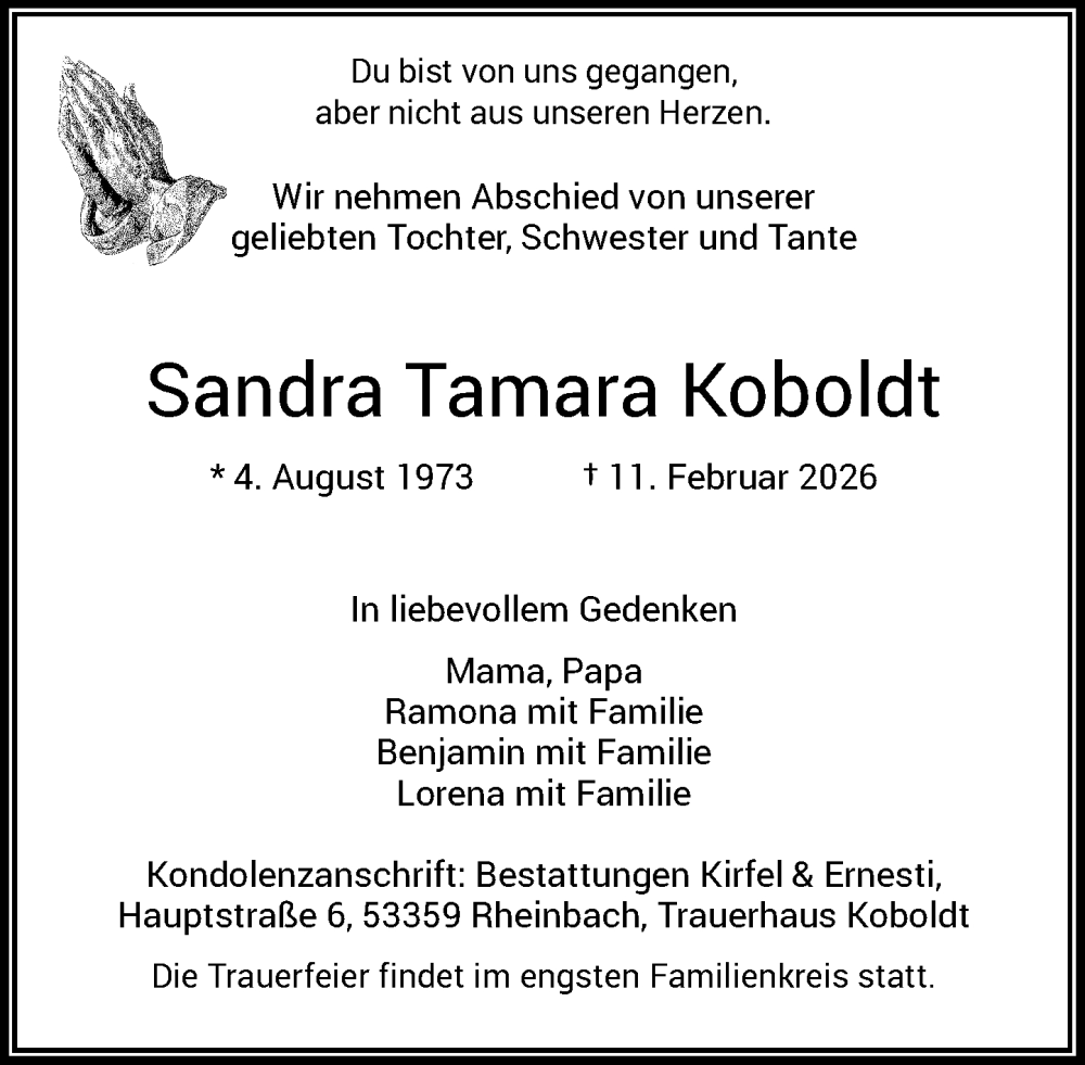  Traueranzeige für Sandra Tamara Koboldt vom 14.02.2026 aus General-Anzeiger Bonn