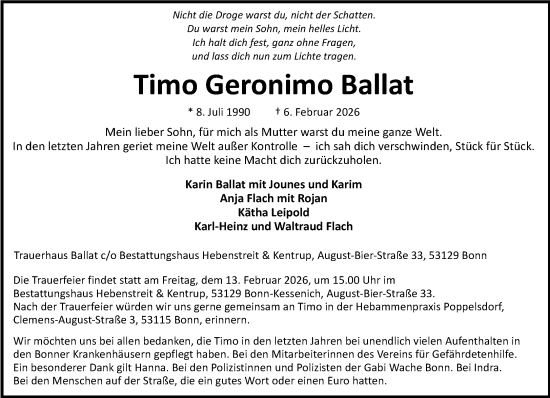Anzeige von Timo Geronimo Ballat von General-Anzeiger Bonn