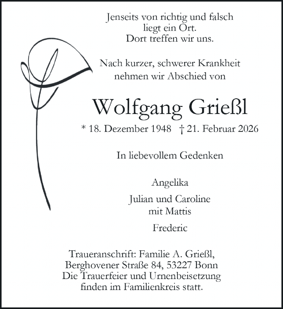  Traueranzeige für Wolfgang Grießl vom 28.02.2026 aus General-Anzeiger Bonn