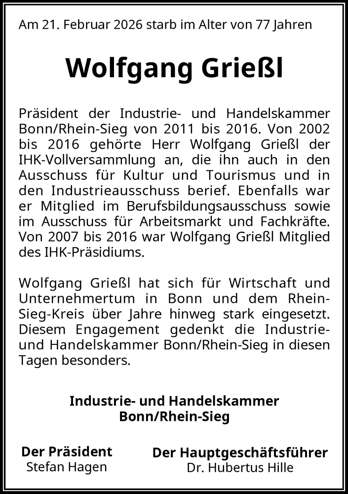  Traueranzeige für Wolfgang Grießl vom 28.02.2026 aus General-Anzeiger Bonn